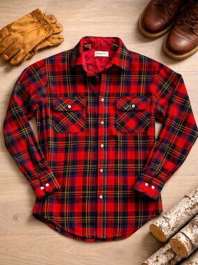 Vintage 80s Wool Plaid Buttonup Shirt Womens Medium Tall Red Blue Yellow Outdoor